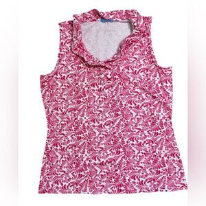 J. McLaughlin Pink and White Leaf Print Durham Ruffle Neck Sleeveless Top